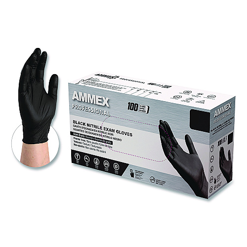 AMMEX Professional Nitrile Exam Gloves, Powder-Free, Small, Black, 100/Box (ABNPF42100BX)