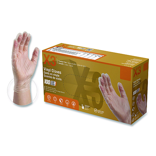 X3 by AMMEX Industrial Vinyl Gloves, Small, Clear, 100/Box (GPX342100BX)