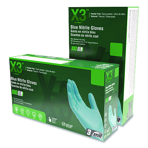 X3 by AMMEX Industrial Nitrile Gloves, Medium, Blue, 100/Box (X344100BX)
