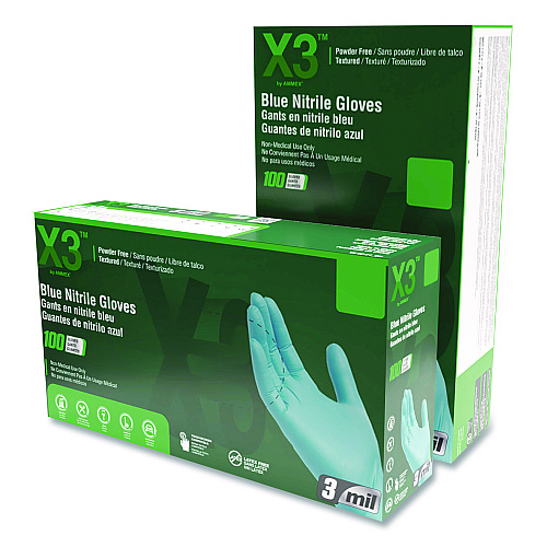 X3 by AMMEX Industrial Nitrile Gloves, X-Large, Blue, 100/Box (X348100BX)
