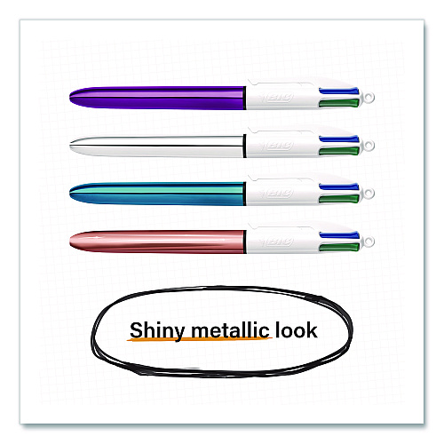 BIC 4-Color Shine Multi-Color Ballpoint Pen, Retractable, Medium 1mm, Black/Blue/Green/Red Ink, Assorted Metallic Barrels, 3/Pack (MMMTP31AST)