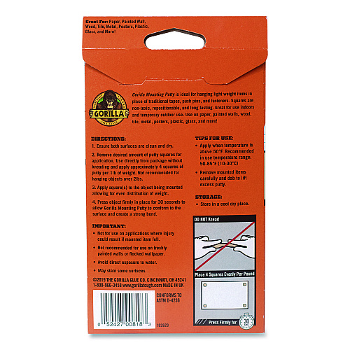 Gorilla Removable Mounting Putty, Repositionable and Reusable, 2 oz, 84 Squares/Pack (102745)