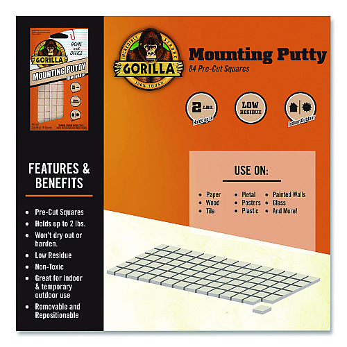 Gorilla Removable Mounting Putty, Repositionable and Reusable, 2 oz, 84 Squares/Pack (102745)