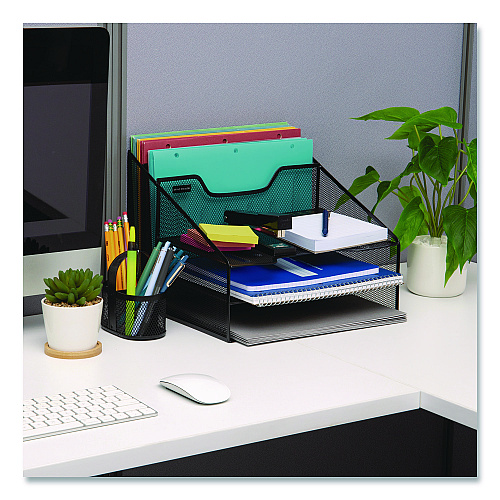 Mind Reader Metal Mesh Vertical File Holder Paper Tray Desktop Organizer, 2-Tier/5-Compartment, Letter Size, 11.25 x 12.5 x 9.5, Black (MESHBOX5BLK)