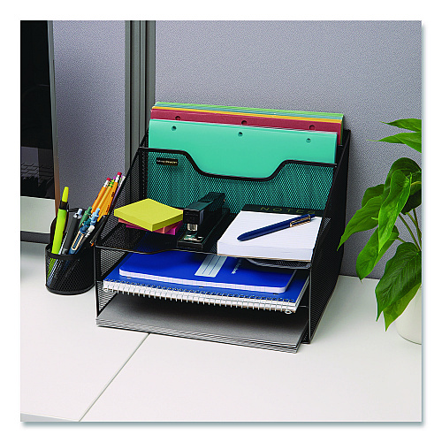 Mind Reader Metal Mesh Vertical File Holder Paper Tray Desktop Organizer, 2-Tier/5-Compartment, Letter Size, 11.25 x 12.5 x 9.5, Black (MESHBOX5BLK)