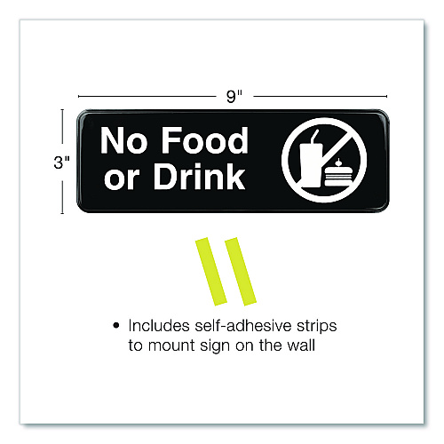 Excello Global Products No Food or Drink Wall Sign, 9" x 3", Black Face, White Graphics, 3/Pack (EGPHD0267S)