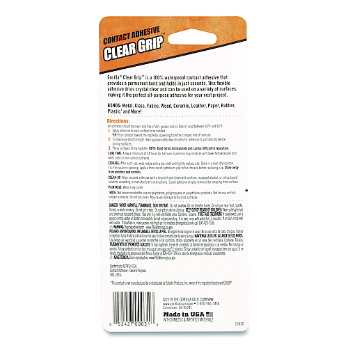 Gorilla Clear Grip Contact Adhesive, 3 oz Tube, Dries Clear (8040002)