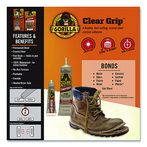 Gorilla Clear Grip Contact Adhesive, 3 oz Tube, Dries Clear (8040002)