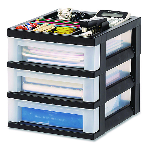 Iris 3-Drawer Desktop Storage with Top Organizer Tray, Plastic, 12.17 x 14.33 x 12.93, Black/Translucent (116351)