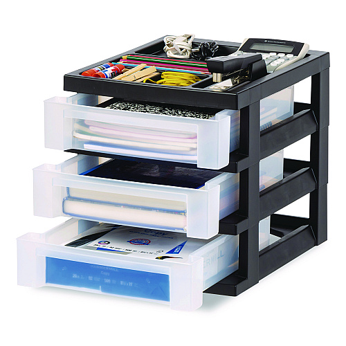 Iris 3-Drawer Desktop Storage with Top Organizer Tray, Plastic, 12.17 x 14.33 x 12.93, Black/Translucent (116351)