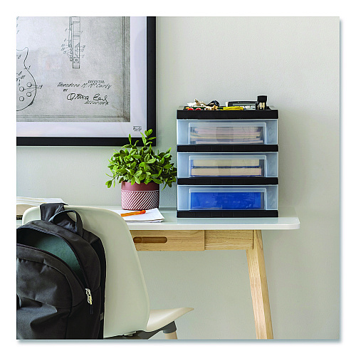 Iris 3-Drawer Desktop Storage with Top Organizer Tray, Plastic, 12.17 x 14.33 x 12.93, Black/Translucent (116351)