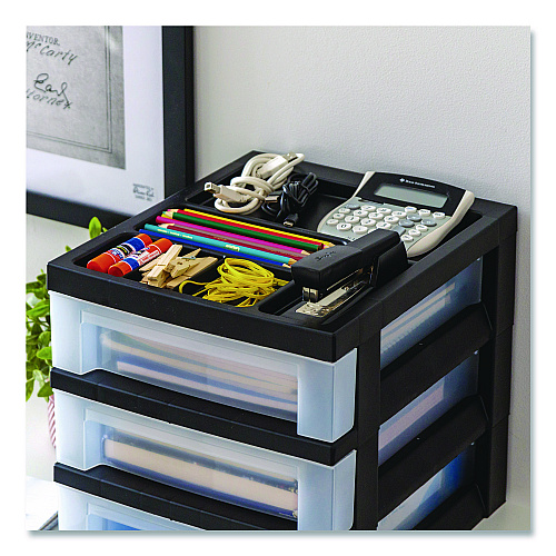 Iris 3-Drawer Desktop Storage with Top Organizer Tray, Plastic, 12.17 x 14.33 x 12.93, Black/Translucent (116351)