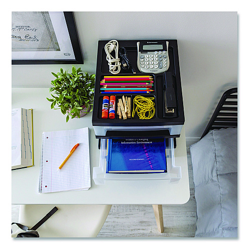 Iris 3-Drawer Desktop Storage with Top Organizer Tray, Plastic, 12.17 x 14.33 x 12.93, Black/Translucent (116351)