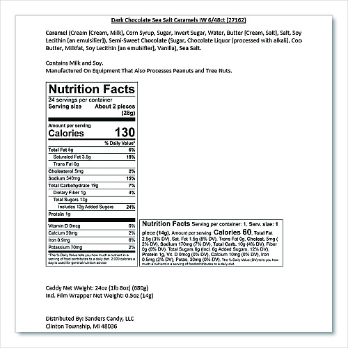 Sanders Small Batch Wonders Snack Size Dark Chocolate Sea Salt Caramels, 0.5 oz Individually Wrapped, 48/Box (KAR04002)