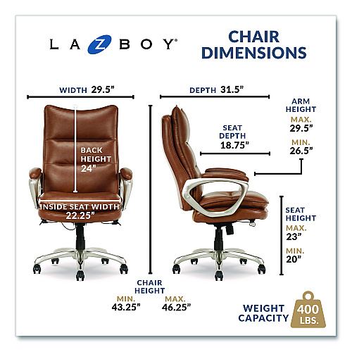 La-Z-Boy Jenkins Executive Big and Tall Chair, Supports Up to 400 lb, 20" to 23" Seat Height, Brown Seat/Back, Silver/Black Base (60075CAM)