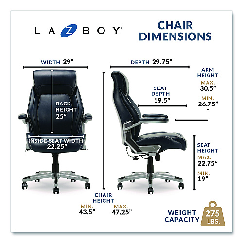 La-Z-Boy Meyer Bonded Leather Executive Chair, Supports Up to 275 lb, 19" x 22.75", Navy Seat, Navy/Back, Silver Base (60082NVYCC)