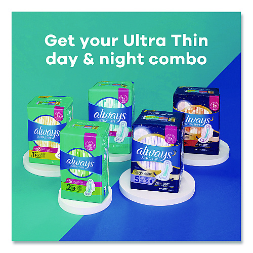 Always Ultra Thin Pads with Wings, Size 1, Regular Absorbency, 22 Pads/Pack, 12 Packs/Carton (03339)