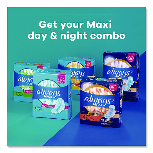 Always Maxi Long Super Daytime Pad with Wings, Size 2, Super Absorbency, 18/Pack, 8 Packs/Carton (03368)