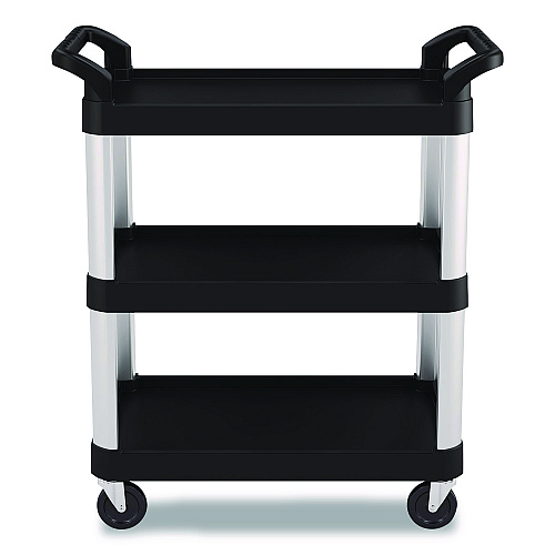 Suncast Commercial Three-Shelf Service Cart, Metal/Plastic, 3 Shelves, 300 lb Capacity, 20" x 34" x 37.92", Black (RC2030)