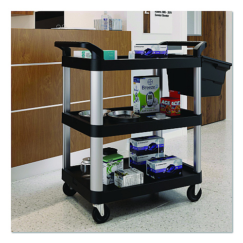 Suncast Commercial Three-Shelf Service Cart, Metal/Plastic, 3 Shelves, 300 lb Capacity, 20" x 34" x 37.92", Black (RC2030)