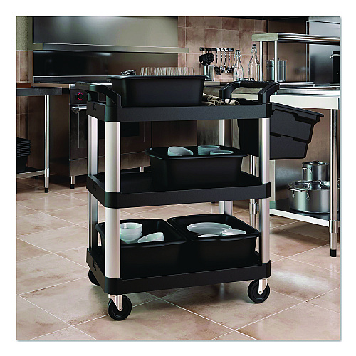 Suncast Commercial Three-Shelf Service Cart, Metal/Plastic, 3 Shelves, 300 lb Capacity, 20" x 34" x 37.92", Black (RC2030)