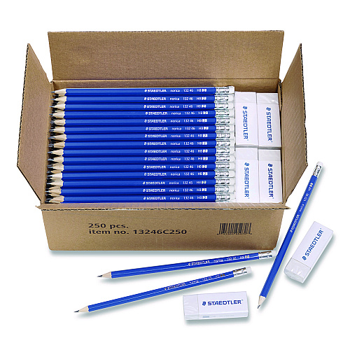 Staedtler Pre-Sharpened Wooden Pencils with (20) Block Erasers, HB #2 Black Lead, Blue Barrel, 250/Pack (13246C250)