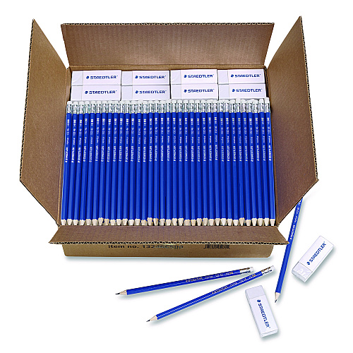 Staedtler Pre-Sharpened Wooden Pencils with (40) Block Erasers, HB #2 Black Lead, Blue Barrel, 500/Pack (13246C500)