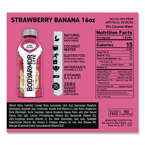 BodyArmor LYTE Sports Drink, Strawberry Banana, 16 oz Bottle, 12/Pack (411896)
