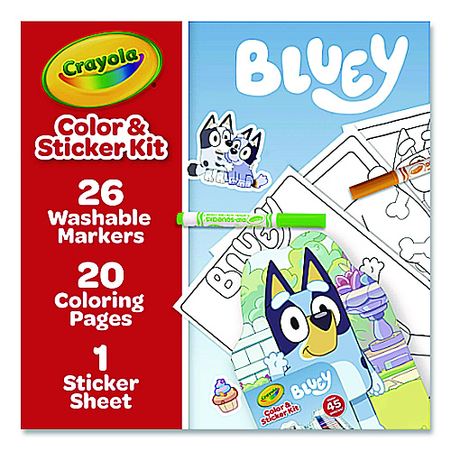 Crayola Bluey Color and Sticker Kit, (26) Pip-Squeaks Skinnies Washable Markers, (20) Coloring Pages, (1) Sticker Sheet (41235)
