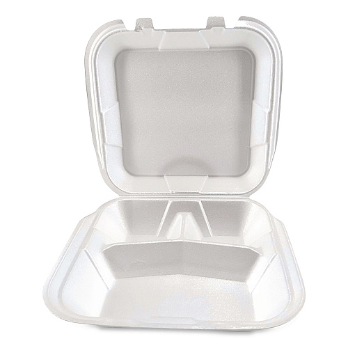 Plastifar Foam Hinged Lid Containers, 3-Compartment, 9 x 9 x 3, White, Foam, 200/Carton (12083)