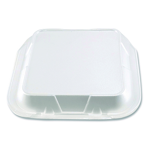 Plastifar Foam Hinged Lid Containers, 3-Compartment, 9 x 9 x 3, White, Foam, 200/Carton (12083)