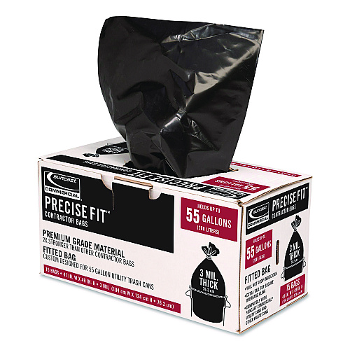 Suncast Commercial Precise Fit Contractor Bag, Open-Face, 55 gal, 3 mil, 41" x 49", Black, 15/Box (UCL55315B)