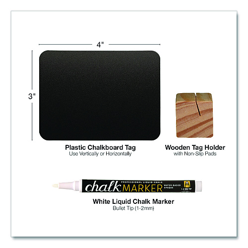 Excello Global Products Tabletop Chalkboard Tag, Black Surface, Teak Wood Holder, 3 x 4, 6/Pack (EGPHD0508S)