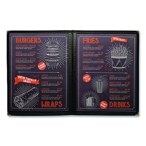 Excello Global Products Menu Holder For 8.5 x 11 Menus, Portrait Orientation, 4-View, 9.6 x 12 Holder, Clear/Black/Silver, 10/Pack (SPLSMENU4)