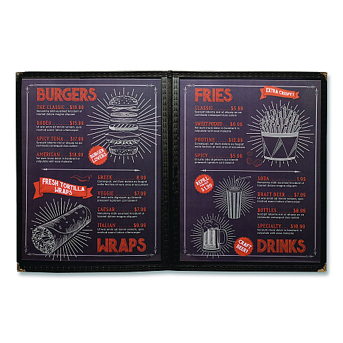 Excello Global Products Menu Holder For 8.5 x 11 Menus, Portrait Orientation 4-View, 9.6 x 11.9, Clear/Black/Silver (SPLSMENU41PK)