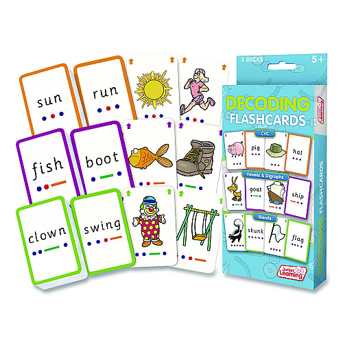 Junior Learning Inc Decoding Flashcards: Blend Patterns, CVC Words, Vowels/Digraphs, Grades K to 1, Assorted Colors, Three Decks of 54 Cards (211)