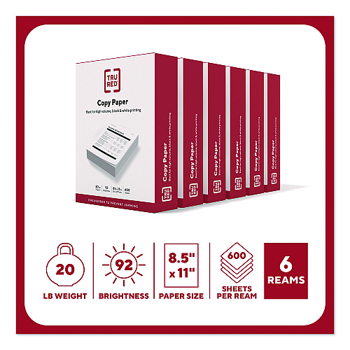 TRU RED Copy Paper, 92 Bright, 20 lb Bond Weight, 8.5 x 11, 600 Sheets/Ream, 6 Reams/Carton (TR62091)