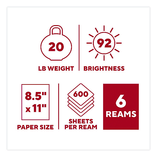 TRU RED Copy Paper, 92 Bright, 20 lb Bond Weight, 8.5 x 11, 600 Sheets/Ream, 6 Reams/Carton (TR62091)
