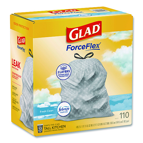Glad ForceFlex Tall Kitchen Drawstring Trash Bags, Drawstring, 13 gal, Fresh Clean Scent, 10.19 x 9.81, Gray, 110/Roll, 3/Carton (78563CT)