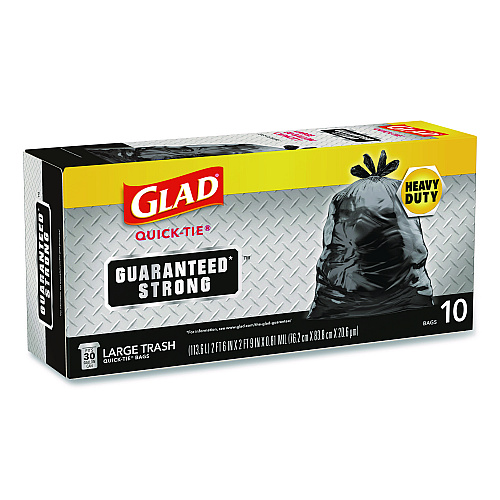 Glad Large Quick-Tie Trash Bags, Tie-Flap, 30 gal, 0.81 mil, 30 x 33, Black, 10 Bags/Box, 12 Boxes/Carton (00079CT)