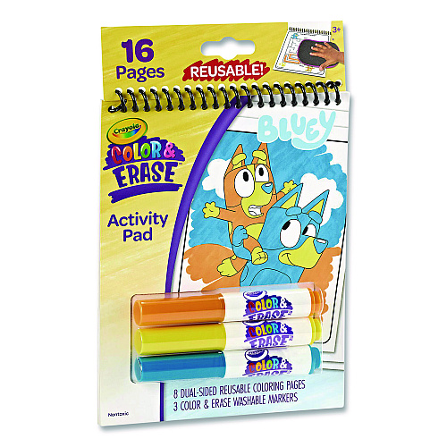 Crayola Bluey Color and Erase Reusable Activity Pad, Includes Three Markers, Ages 3 and Up, 16 Pages (811531)