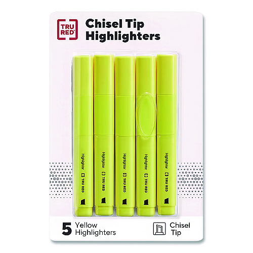 TRU RED Tank Style Chisel Tip Highlighter, Yellow Ink, Chisel Tip, Yellow Barrel, 5/Pack (24376623)