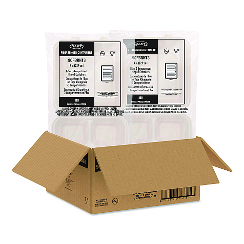 Dart Compostable Molded Fiber Hinged Trays, ProPlanet Seal, 3 Compartments, 9.14 x 9 x 2.98, Natural, 200/Carton (90FBRHT3)