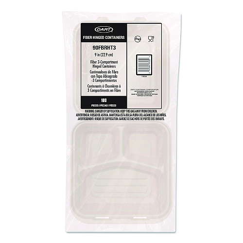 Dart Compostable Molded Fiber Hinged Trays, ProPlanet Seal, 3 Compartments, 9.14 x 9 x 2.98, Natural, 200/Carton (90FBRHT3)