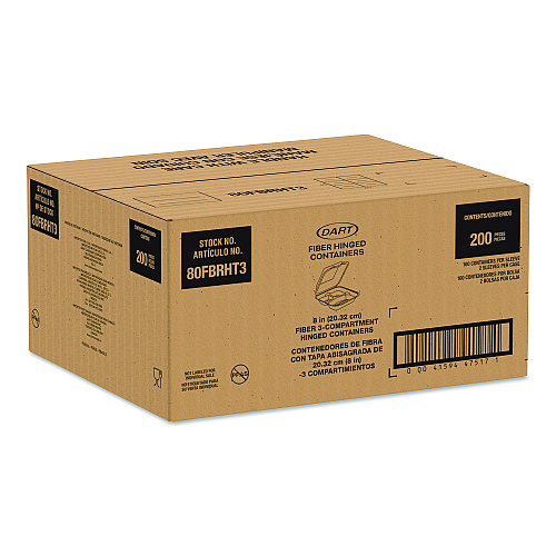 Dart Compostable Molded Fiber Hinged Trays, ProPlanet Seal, 3 Compartments, 8.65 x 7.94 x 2.98, Natural, 200/Carton (80FBRHT3)