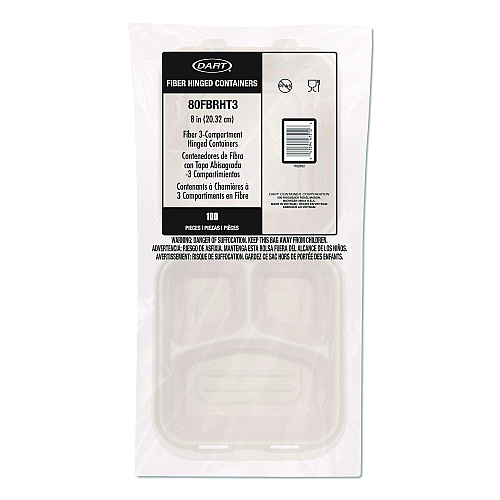 Dart Compostable Molded Fiber Hinged Trays, ProPlanet Seal, 3 Compartments, 8.65 x 7.94 x 2.98, Natural, 200/Carton (80FBRHT3)