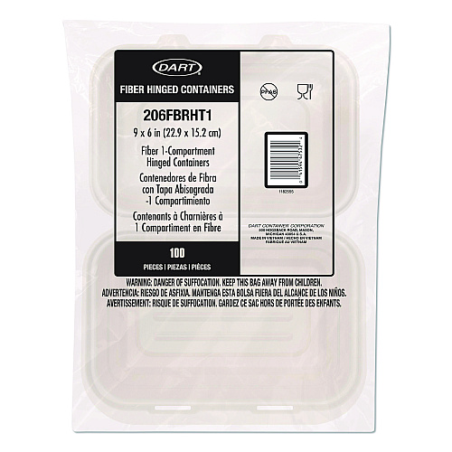 Dart Compostable Molded Fiber Hinged Trays, ProPlanet Seal, 6.41 x 9.22 x 3, Natural, 200/Carton (206FBRHT1)