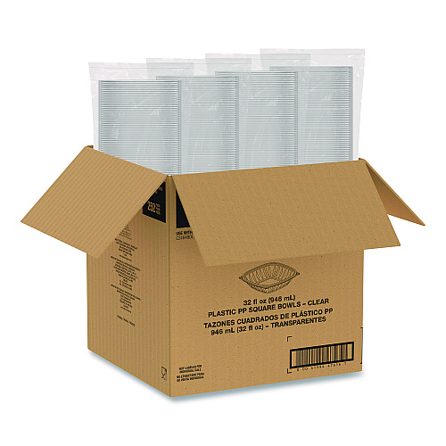 Dart Square Plastic Bowls, 32 oz, 5 x 5 x 1.49, Clear, Plastic, 63 Bowls/Sleeve, 4 Sleeves/Carton (C32SB)