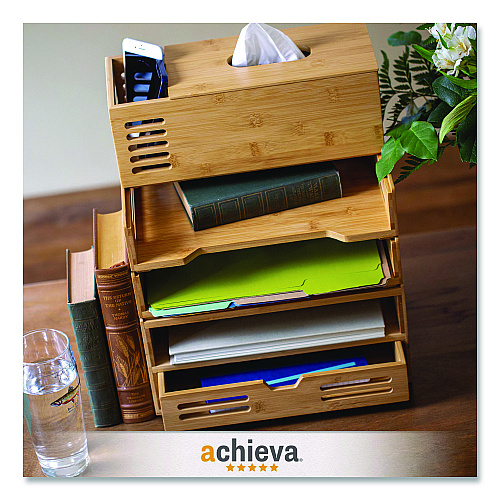 Officemate Bamboo Stackable Desktop Document Trays, 2 Sections, Letter Size Files, 14.09" x 10.47" x 4.4", Brown, 2/Pack (71004)