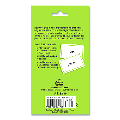 Carson-Dellosa Sight Words Flash Cards, 3.25 x 5.25, Assorted Colors, 54 Cards (0769664709)